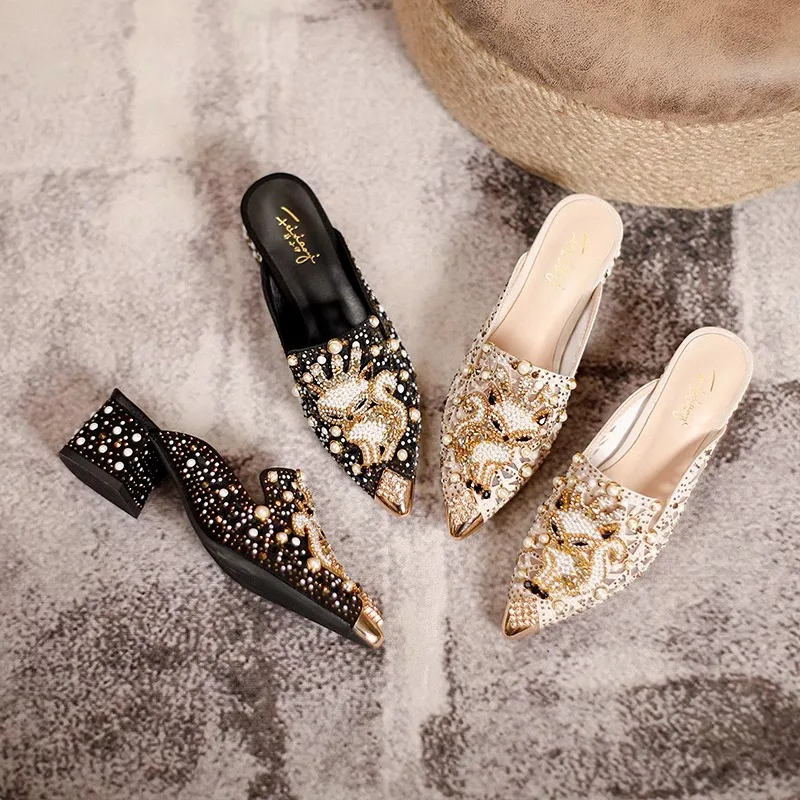 European Summer Shoes for Women Luxury Sandals Hollow Out Pearl Rhinestone Fox Heels Slipper Girl Street Fashion Pumps image 2