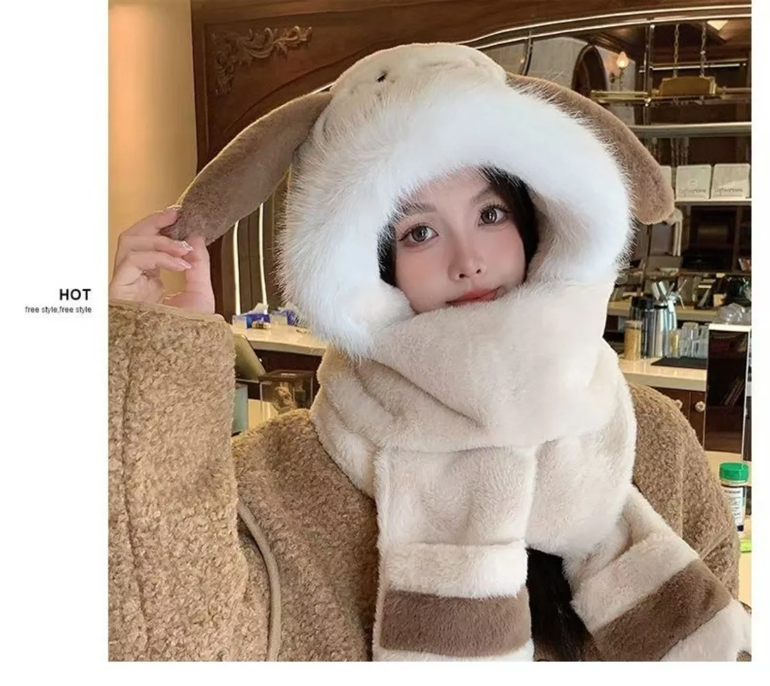 قبعة قطيفة كرتونية لطيفة، قبعة شتوية دافئة فروي، مجموعة مكونة من ثلاث قطع دافئة مقاومة للرياح والبرد