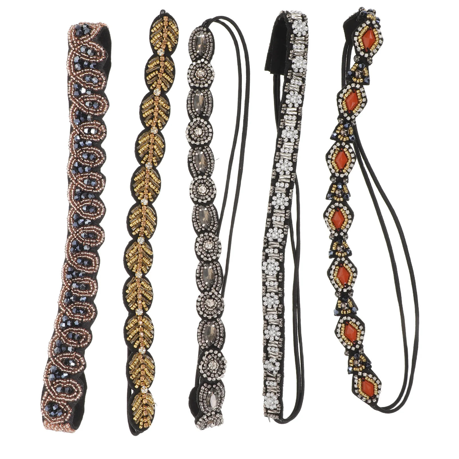

5Pcs Boho Beaded Elastic Headband for Women Sparkly Rhinestone Hairband Stretchy Comfortable Hair Accessory for Formal Events