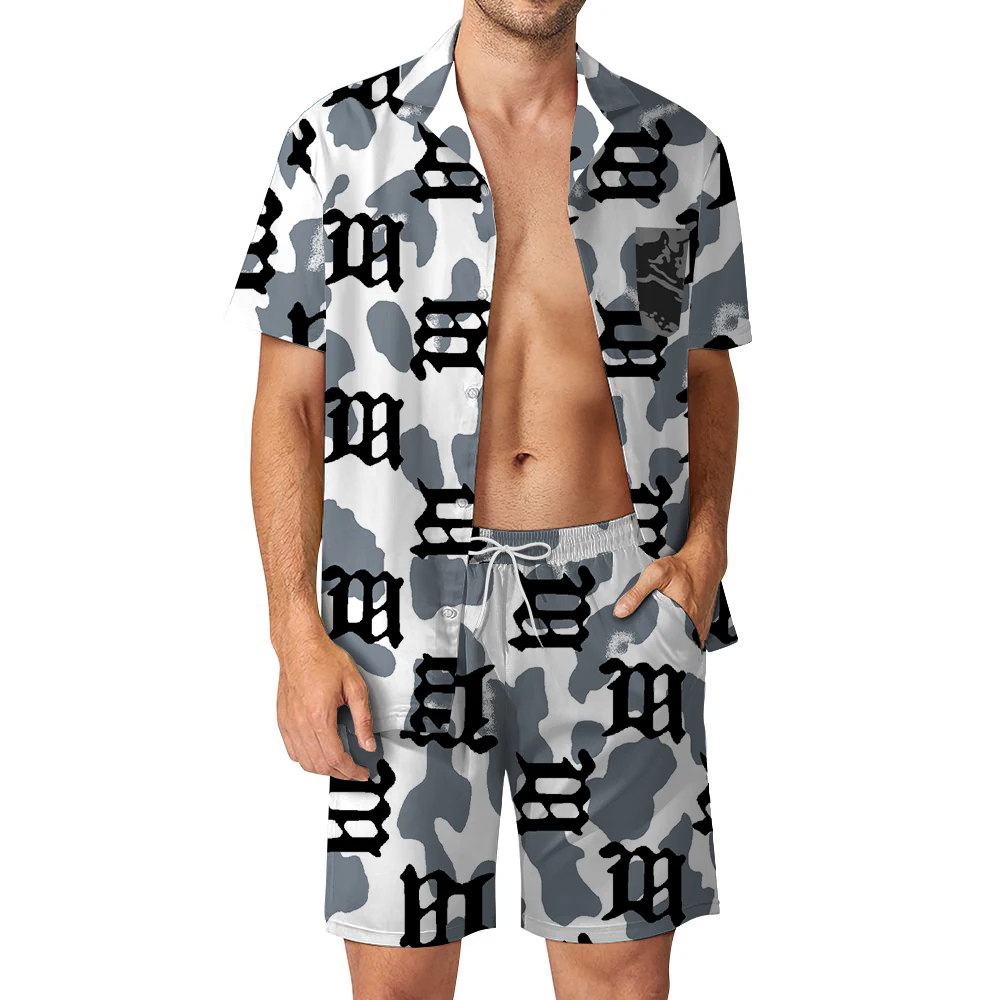 Luxurious and handsome men\'s Hawaiian beach set, short sleeved shirt and shorts, casual summer vacation travel set