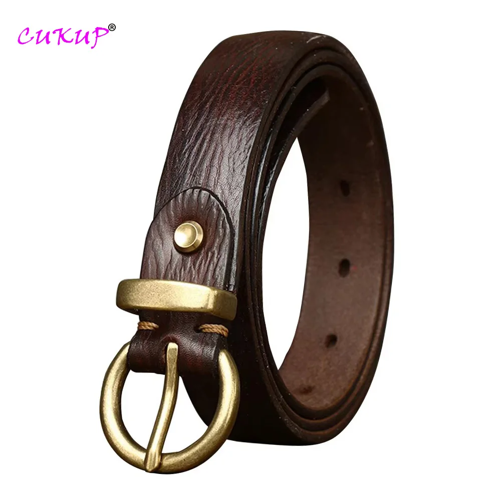 Top Level Quality Design Brass Pin Buckle Solid Cowhide Leather Belts for Women 2.4cm Wide