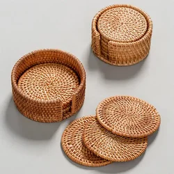 6Pcs Rattan Coasters Handmade Tea Ceremony Tableware Set Absorbent Woven Rattan Coaster Insulated Bowl Rattan Coasters