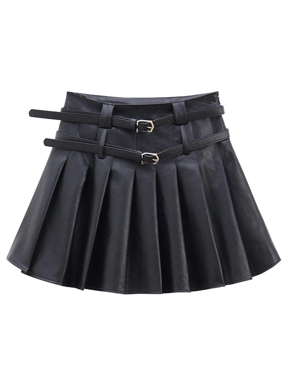 

Fashion Spicy Girls PU Leather Skirt 2024 New Autumn Winter Versatile Pleated Double High Waistband Belt Design A-Line Skirt