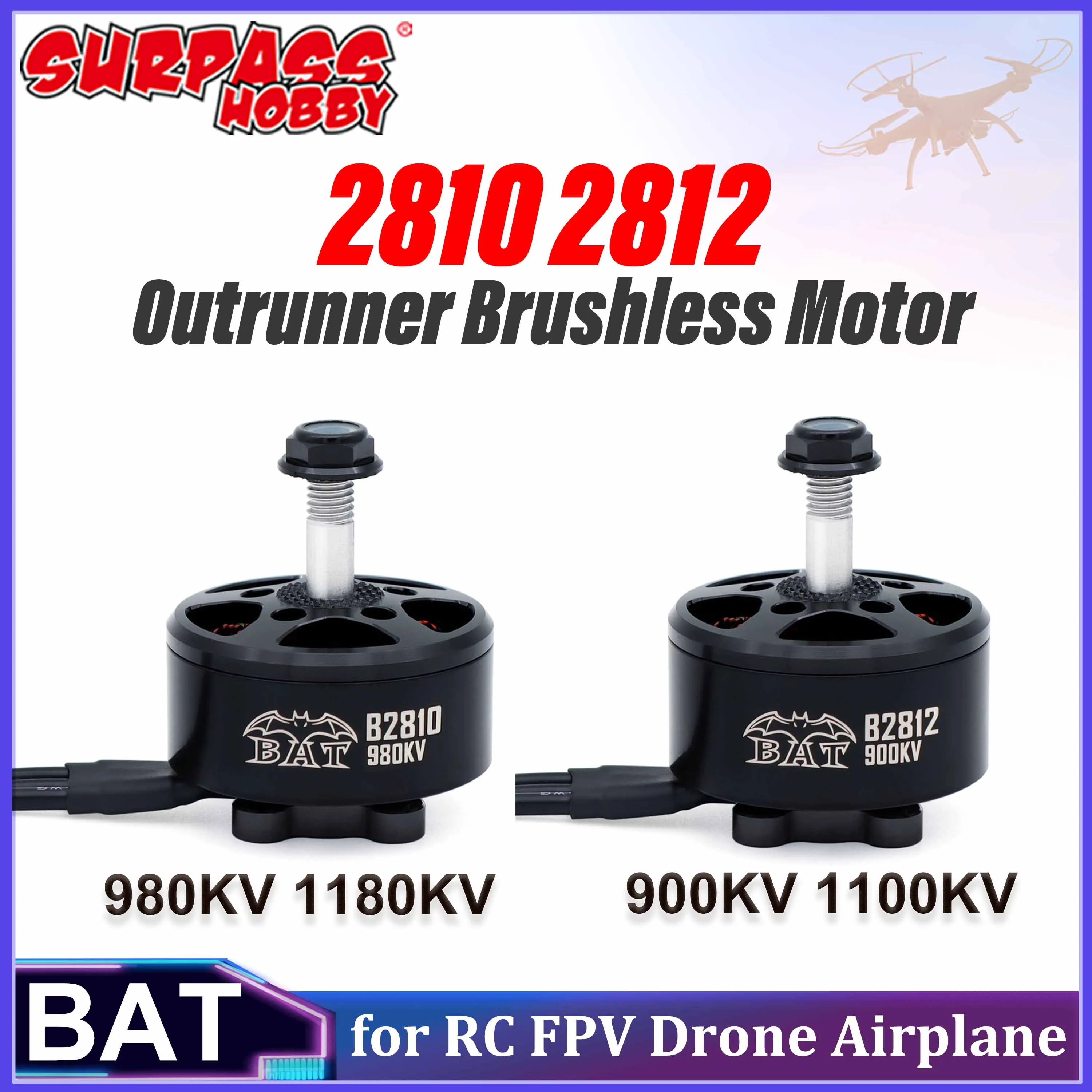 

Бесколлекторный мотор Surpass Hobby BAT 2810 2812 Outrunner 980KV 1180KV 900KV 1100KV для радиоуправляемых FPV дронов и самолетов с фиксированным крылом (запчасти для рам)