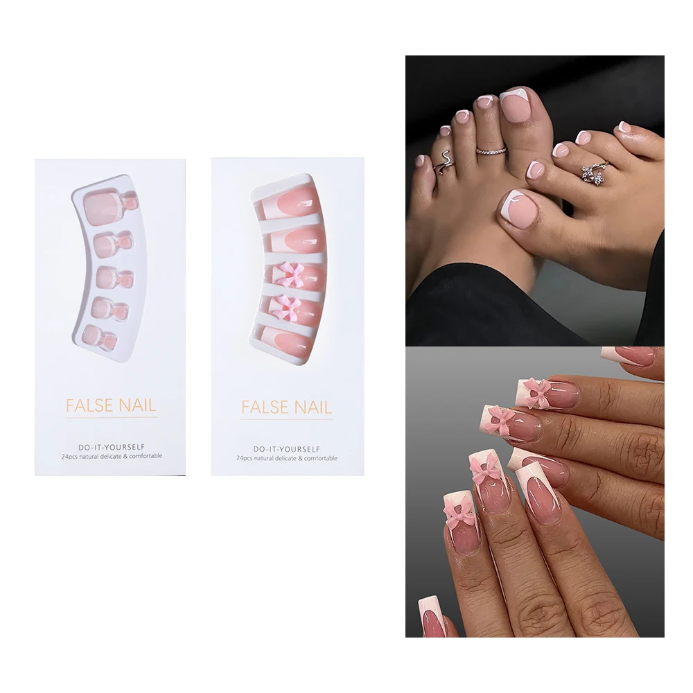 2box (48pcs) short medium false nails white French square nails a set of hands and feet, pink 3d bow, all cover press-on nails