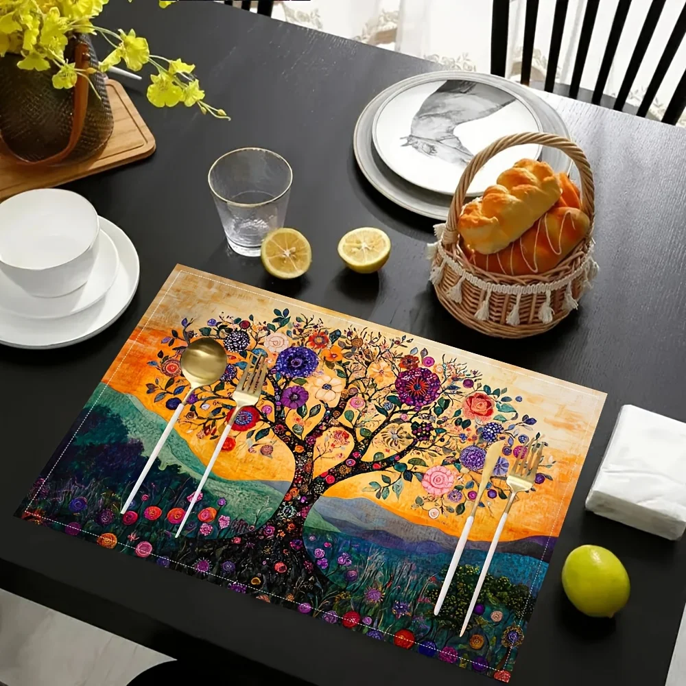 4Pcs Tree of Life Placemats with Vibrant and Colorful Floral Patterns, Perfect for Farmhouse Kitchens, Party Celebrations, and Picnics