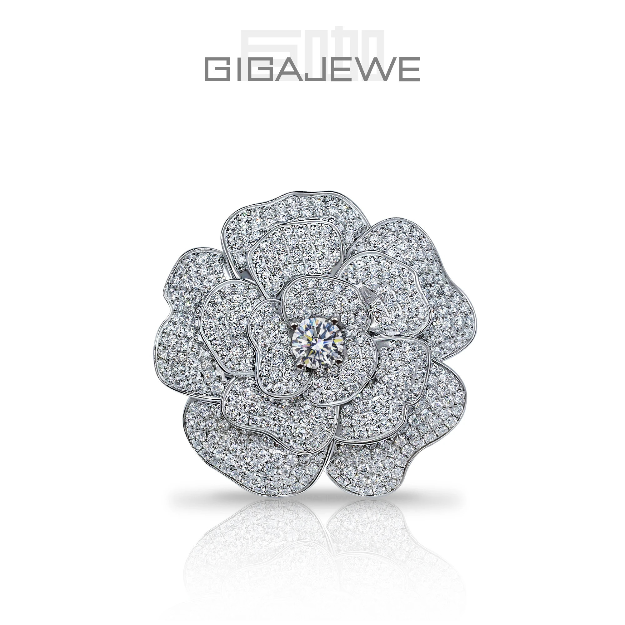 

8ct DEF Moissanite Flower Brooch: 925 Silver Plated 18K White Gold