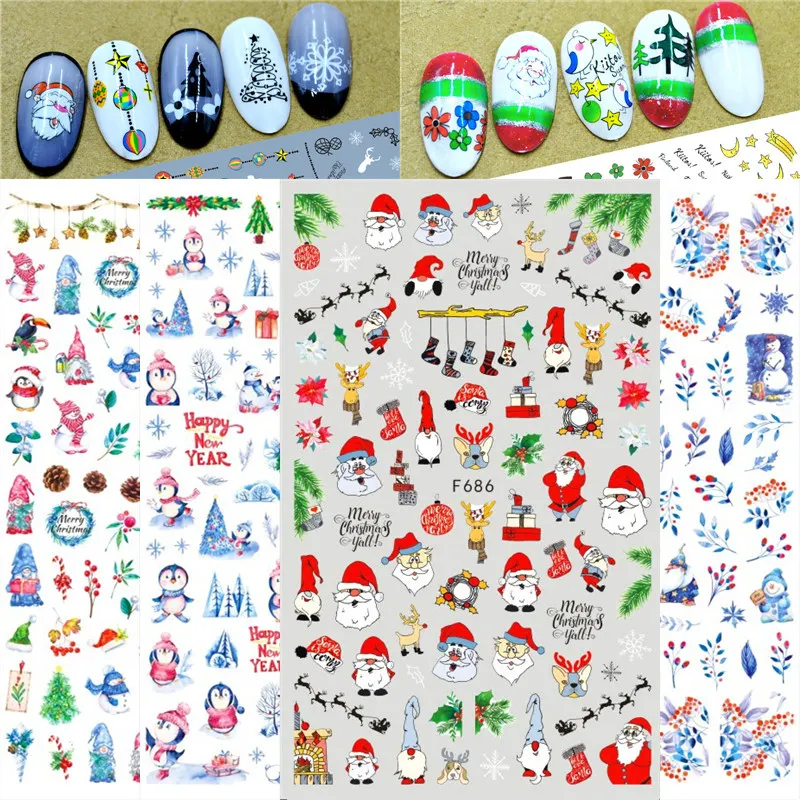 1pc Christmas Santa Claus Nail Art Sticker Winter Snowflakes Xmas tree 3D Adhesive Slider Decals Cartoon Penguin Nail Decoration