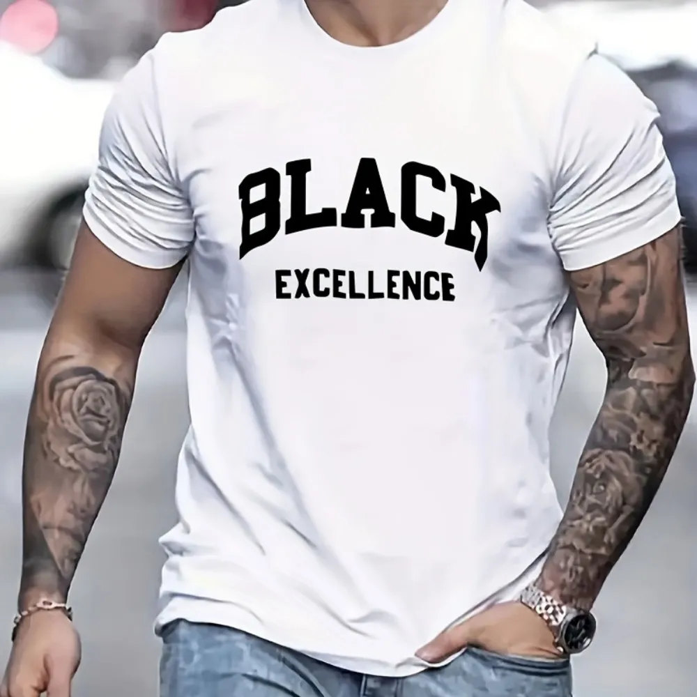 European and American men's summer new minimalist letter printed micro elastic breathable round neck T-shirt outdoor casual top