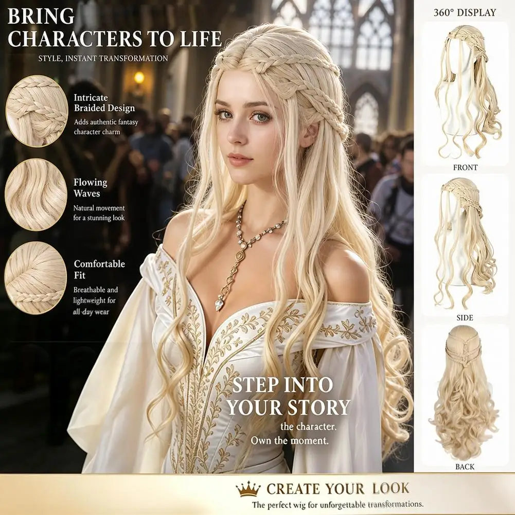 For Daenerys Targaryen Cosplay Wig Front Lace Synthesis Hair Song Of Ice And Fire Halloween Carnival Party Long Curly Hair 75cm