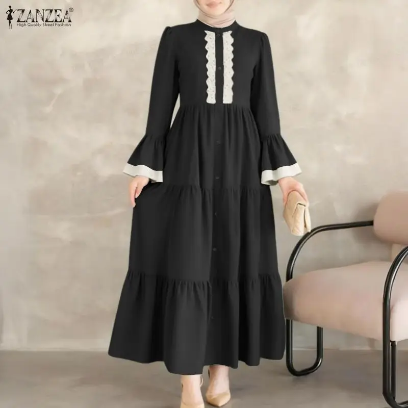 

Мусульманское скромное женское платье макси с хиджабом, воротником-стойкой, кружевными вставками, длинными рукавами и многоярусной юбкой ZANZEA, исламская абайя-роба