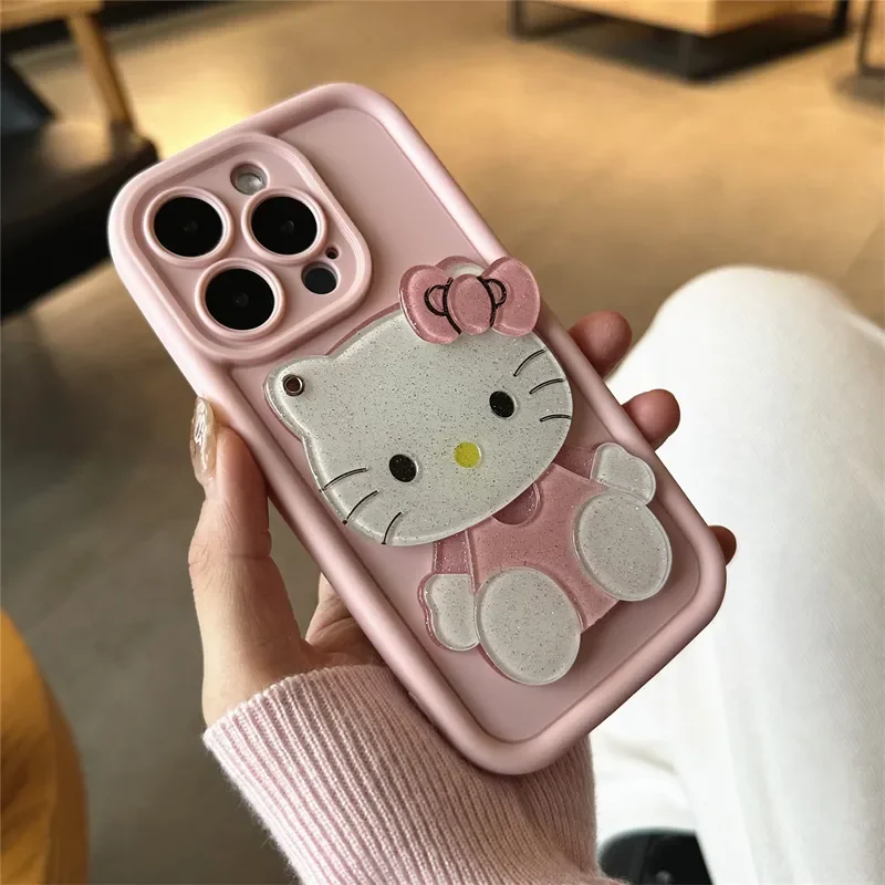 الوردي مرحبا كيتي Kawaii مرآة لوضع مساحيق التجميل جراب هاتف آيفون 16 15 14 13 12 11 ProMax XR XSMAX 7 8Plus فتاة صغيرة Y2K غطاء لطيف