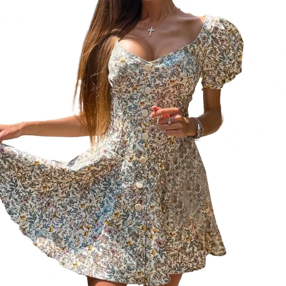 

fashion summer dresses 2024 Square Collar A-Line Flowy Hem Mini Dress Women Floral Print Puff Short Sleeve Dress