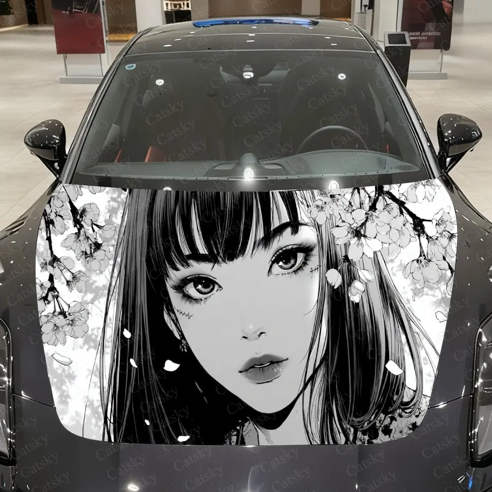 Falling Sakura Anime Girl Car Vinyl Wrap, PVC Waterproof Car Hood Sticker, Self-Adhesive Scratch-Resistant Stickers