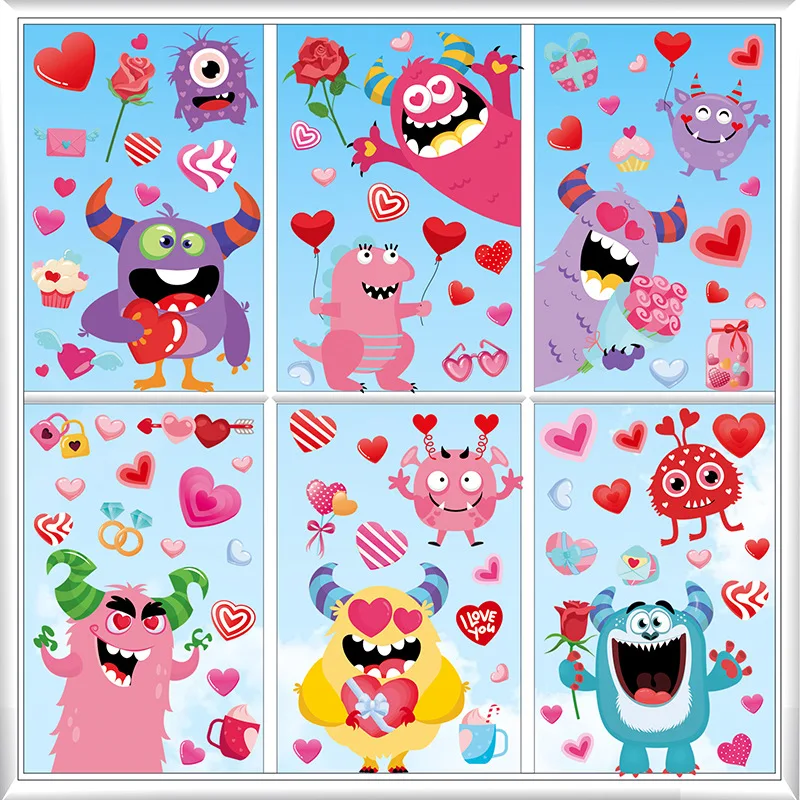 Valentine’s Day Window Clings Cute Heart Monster Envelope Window Stickers Glass Decorations for Home