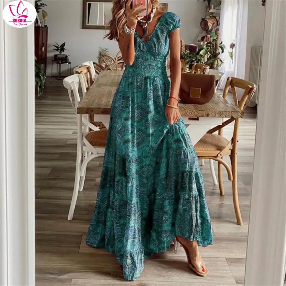 

SUSOLA Summer Vintage Long Dresses Women Bohemian Elegant Floral Print V Neck Robe Beach Holiday Casual Big Swing Maxi Dresses