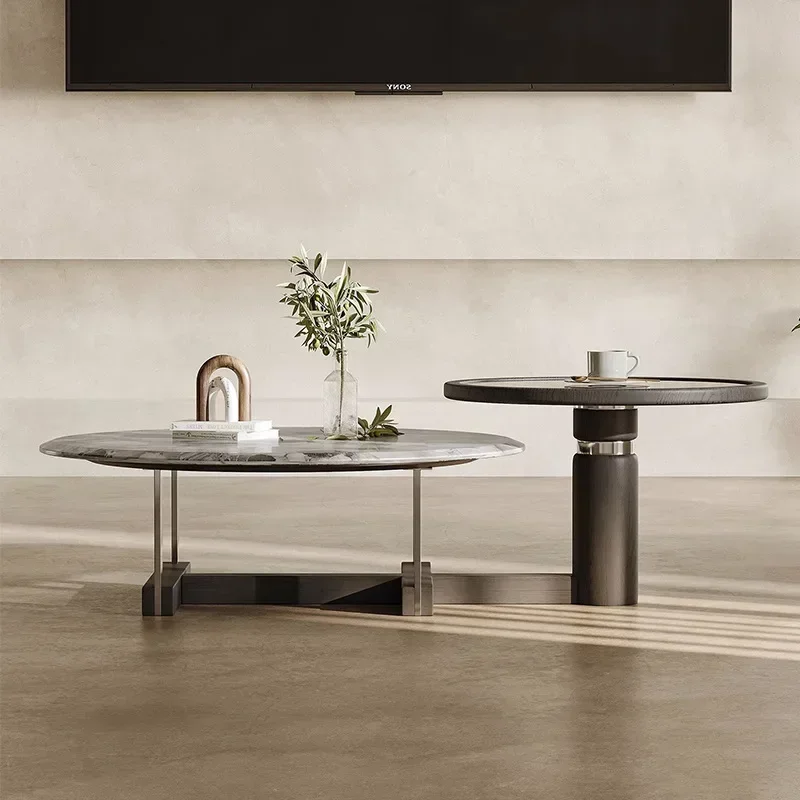 

Italian-style High-end Marble-sized Round Coffee Table Combination Light Luxury High-grade Sense Wood Skin Home Designer Solid W