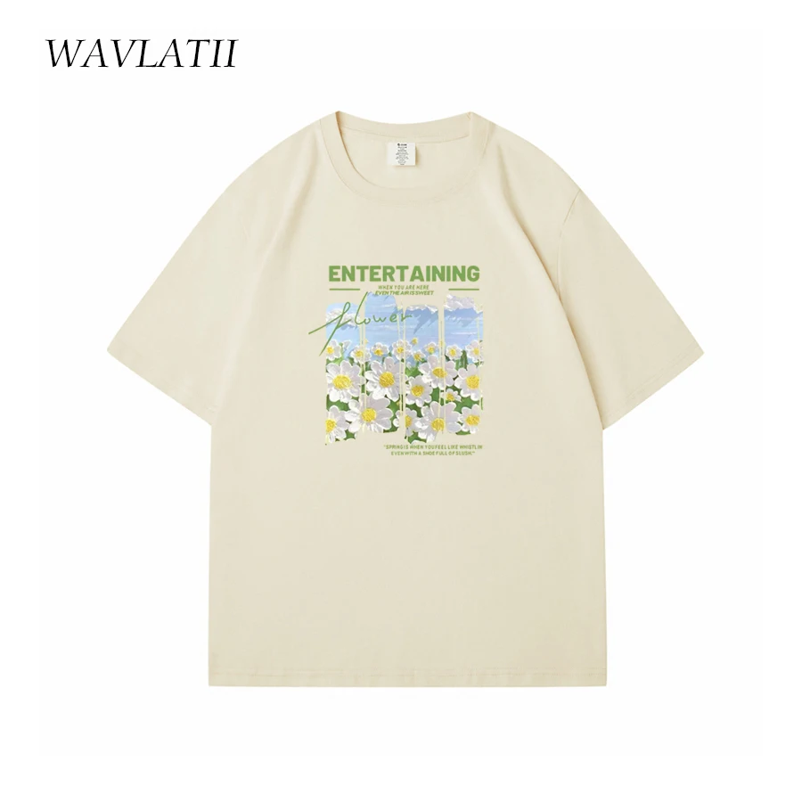WAVLATII New Women Yellow Flower Printed T shirts Female Casual Cotton Soft Tees Lady Green Short Sleeve Tops for Summer WT2402