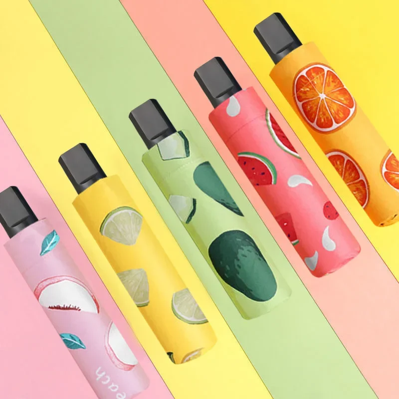 

Оптовая продажа с фабрики, дешевый ручной зонт с фруктовым узором, ветрозащитный 3-складной УФ-зонтик от солнца, портативный зонт от дождя для взрослых