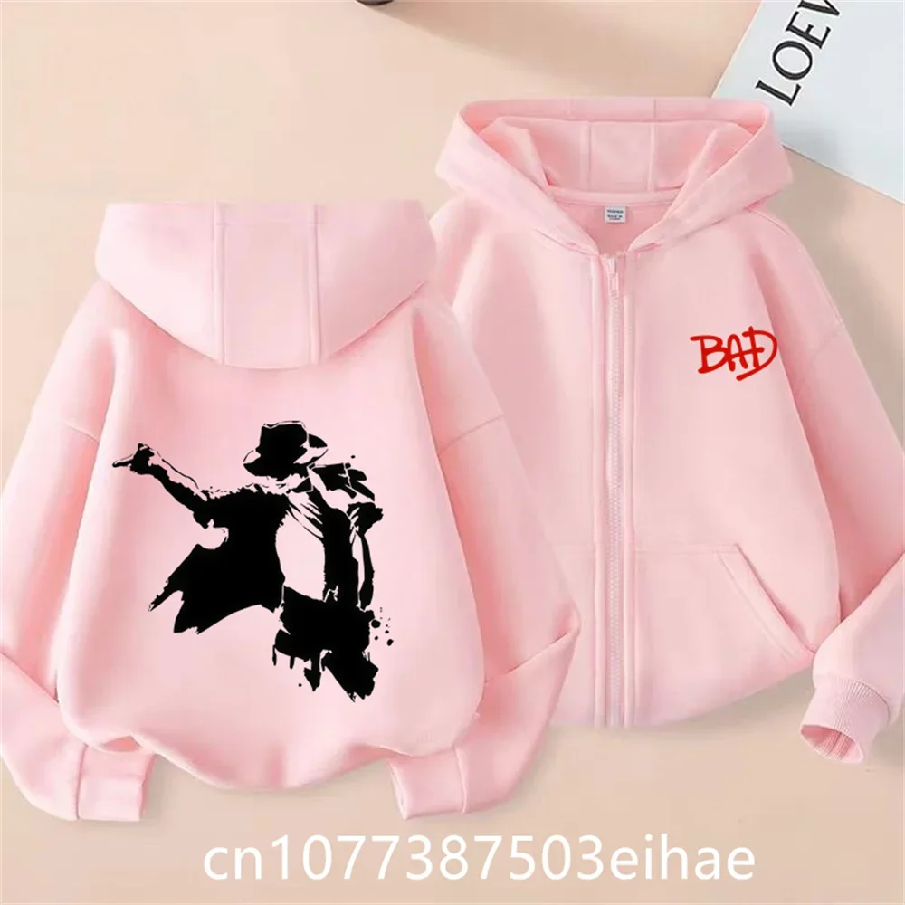 Children Boys Michael Jackson Zip‑Up Hooded Jacket, Thin Long Sleeve Spring Autumn Streetwear MJ Print Coat With Pockets