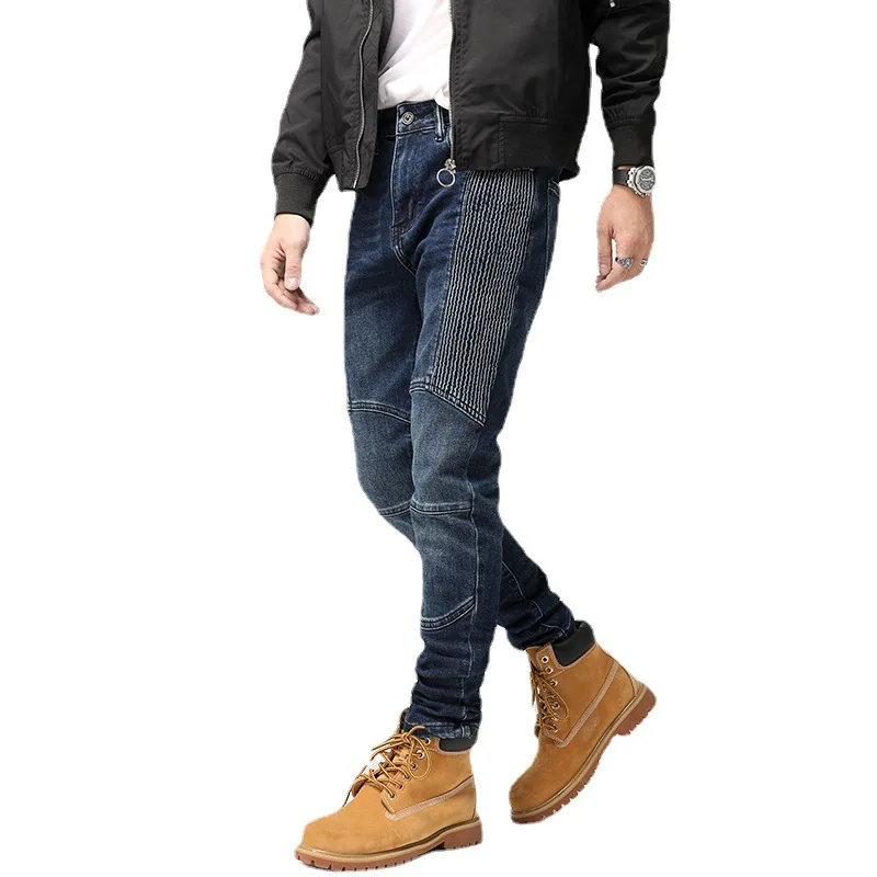 HombreFashion Men Jeans Retro Blue Stretch Slim Fit Spliced Designer Biker Jeans Homme Hip Hop Pants Men Wrinkled Trousers