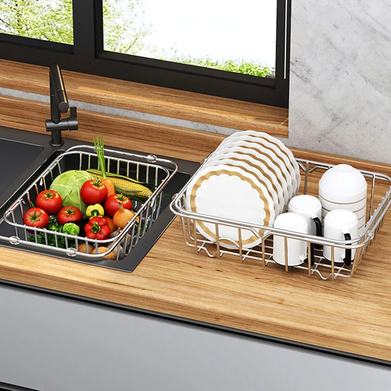 Adjustable Kitchen Sink Strainer with Drain Basket, Fruit and Vegetable Dish Rack Multifunctional Stainless Steel Sink Basket