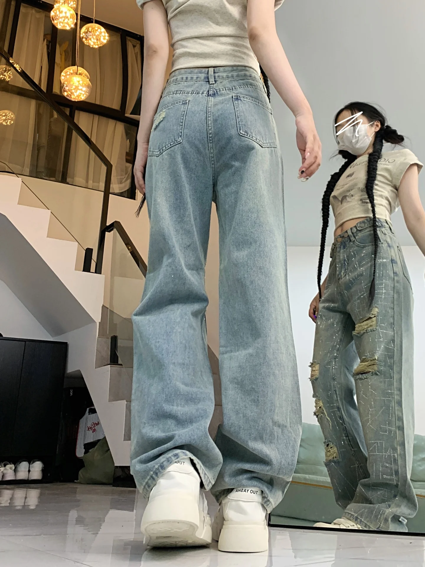 ハイウエストワイドレッグジーンズ レディース ストレートカットデニムパンツ 秋新作 スリープラスサイズ ウェイドアウトホールドリル カジュアルパンツ