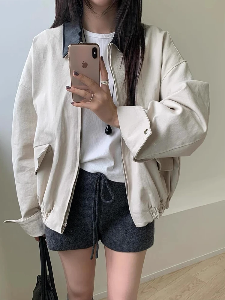 Chaqueta Corta de Cuero PU para Mujer, Estilo Casual, Hoada, con Cuello en Contraste de Color, Manga Larga, para Otoño, Est...