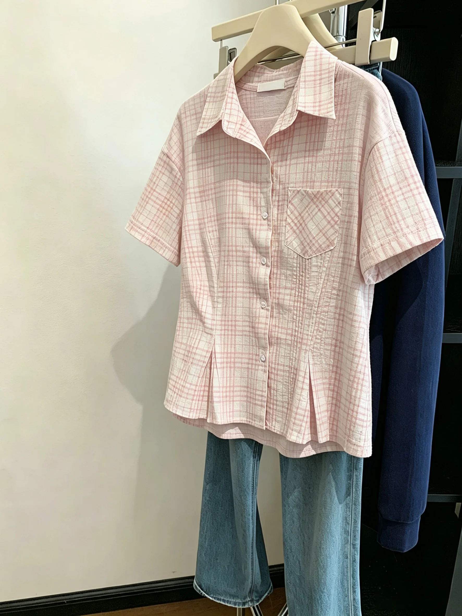 

Korean Gentle Style Women's Shirt Short Sleeve Waist-Cinching Pleated Flip-Collar Slimming Top Casual Summer Design Checkered