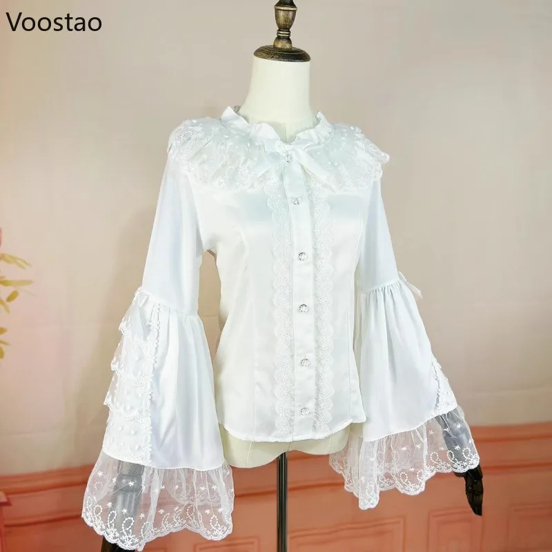 Victorian Gothic Y2k Lolita Style Shirts Women Vintage Elegant Lace Ruffles Flare Sleeve Blouses Japanese Slim Tops Blusas Mujer