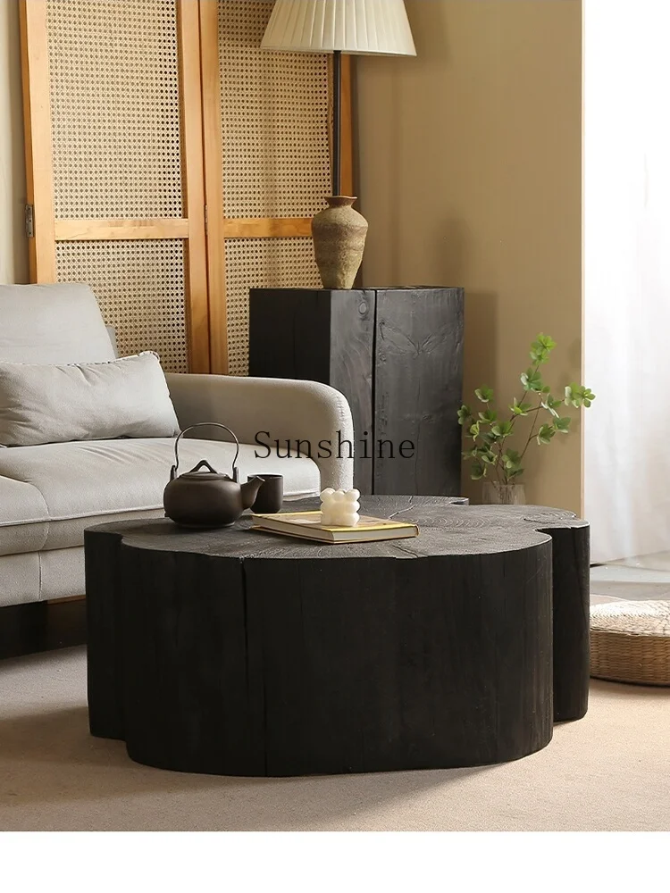 Silent wind wooden pier B & B round tea table log carbonized desk four-leaf clover irregular creative wooden pile tea table