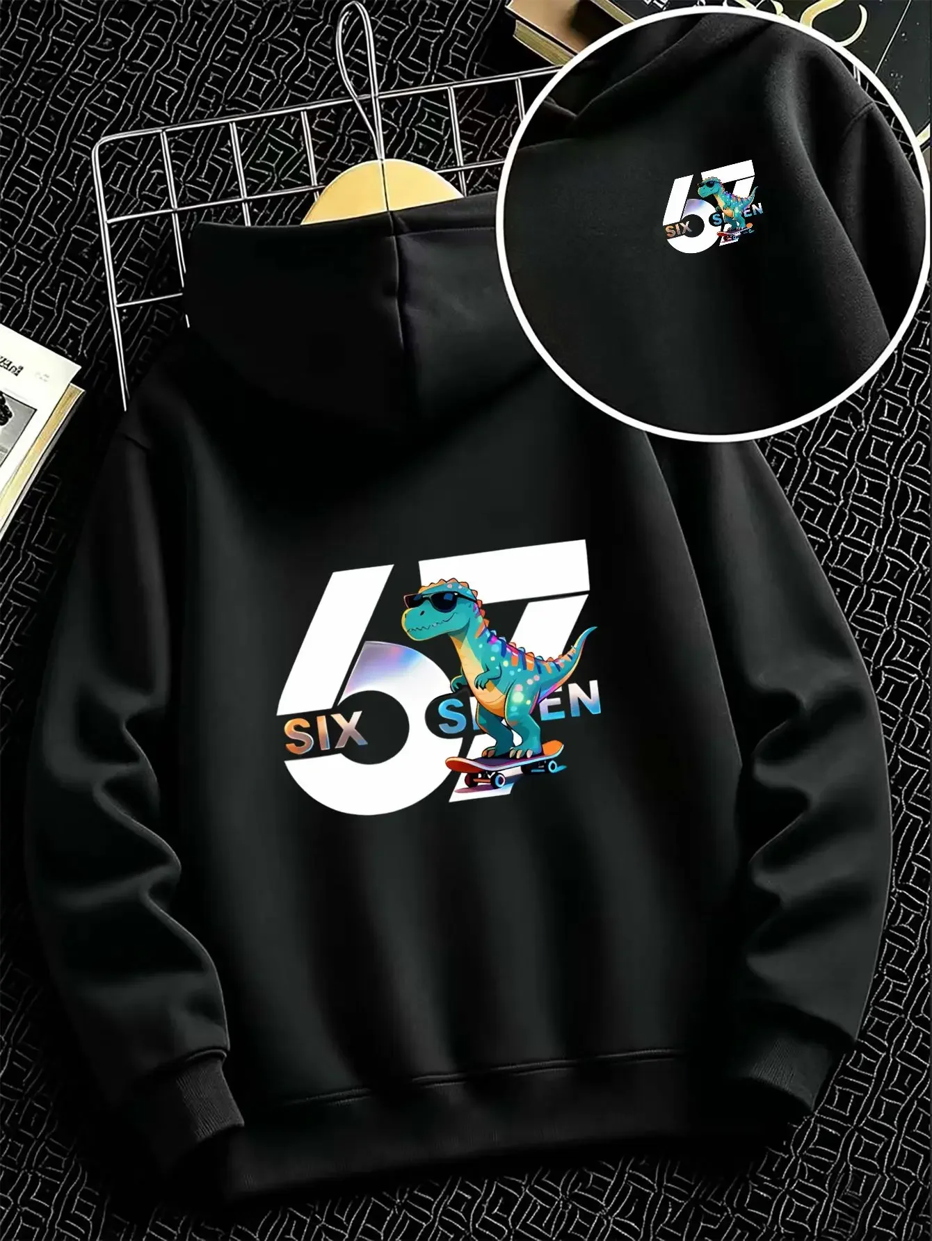 Korea Hot Cool Skateboard Dinosaur Number 67 Graphic Hoodie Unisex Kids Casual Pullover Hooded Sweatshirt Loose Fit Autumn