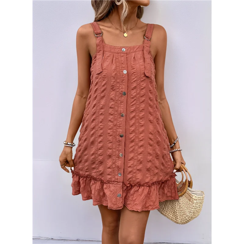 【SEE】Womens Summer Dresses Scoop Neck O-Ring Shoulder Button Tank Sundress Casual Swing Short Dress