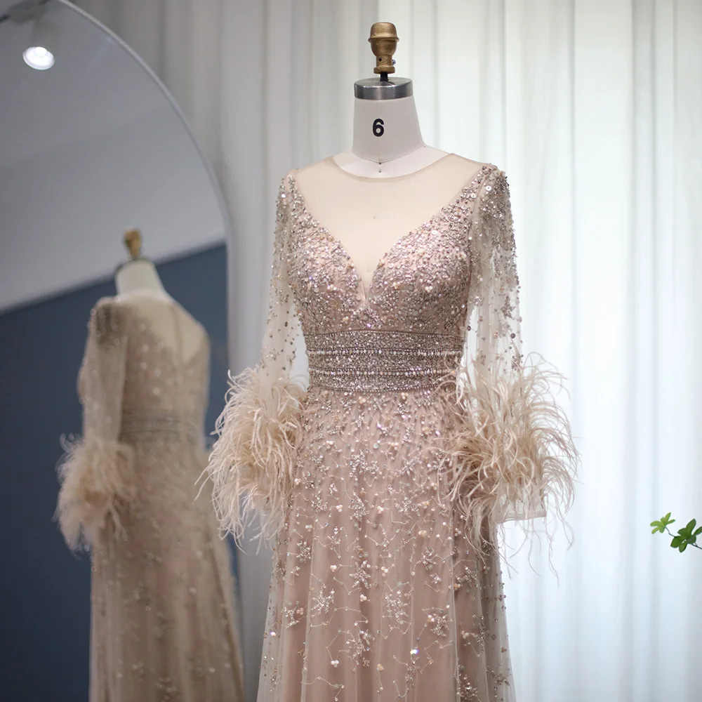 Sharon Said Champagne Feather Long Sleeve Evening Dress Luxury Dubai Beads Muslim Plus Size Formal