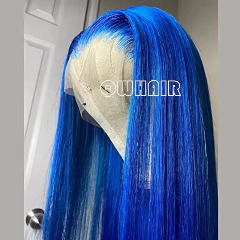 QW Synthetic Hair Sky Blue Color  Straight 13X4 Soft  Lace Front Wig For Women Hair Heat Resistant Fiber Cosplay  Daily