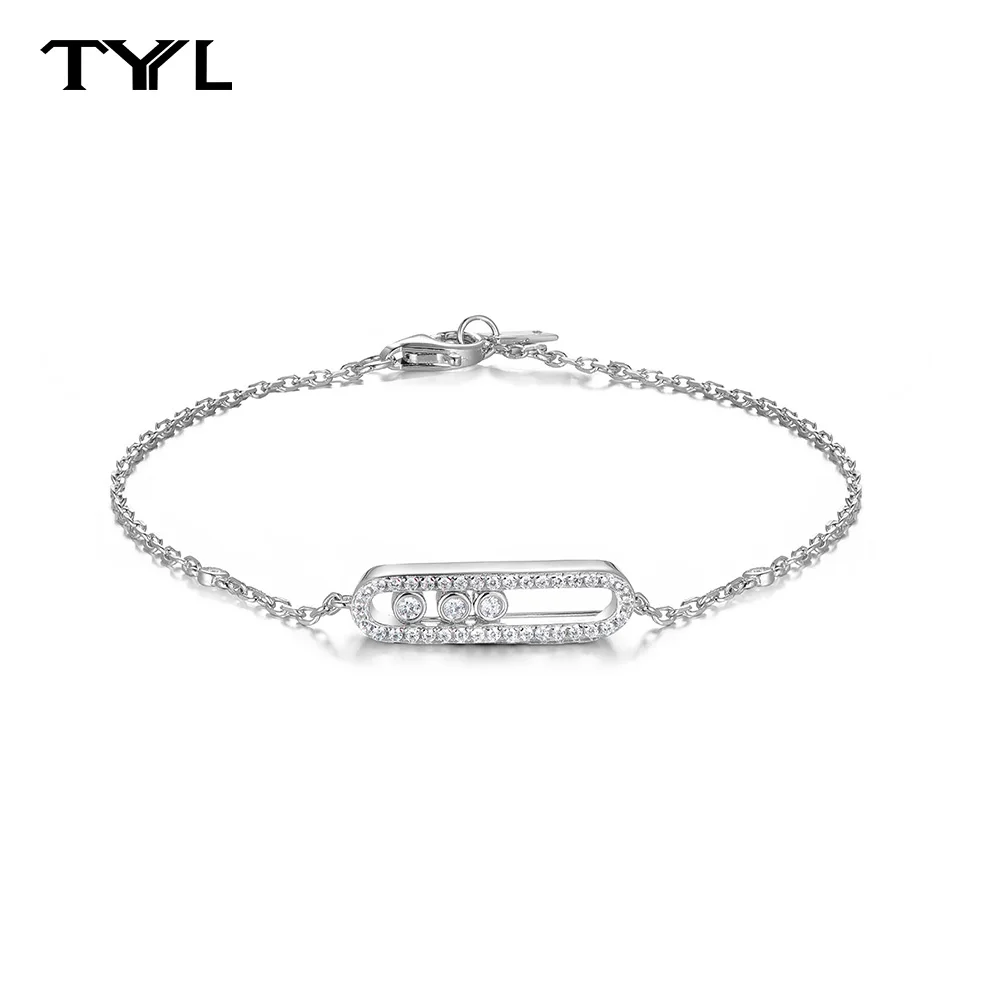 

TYYL Three Movable Diamonds Bracelet 925 Sterling Silver Bar Bezel Bangle 5A Zircon Inlay Pendant Chain for Women Luxury Jewelry