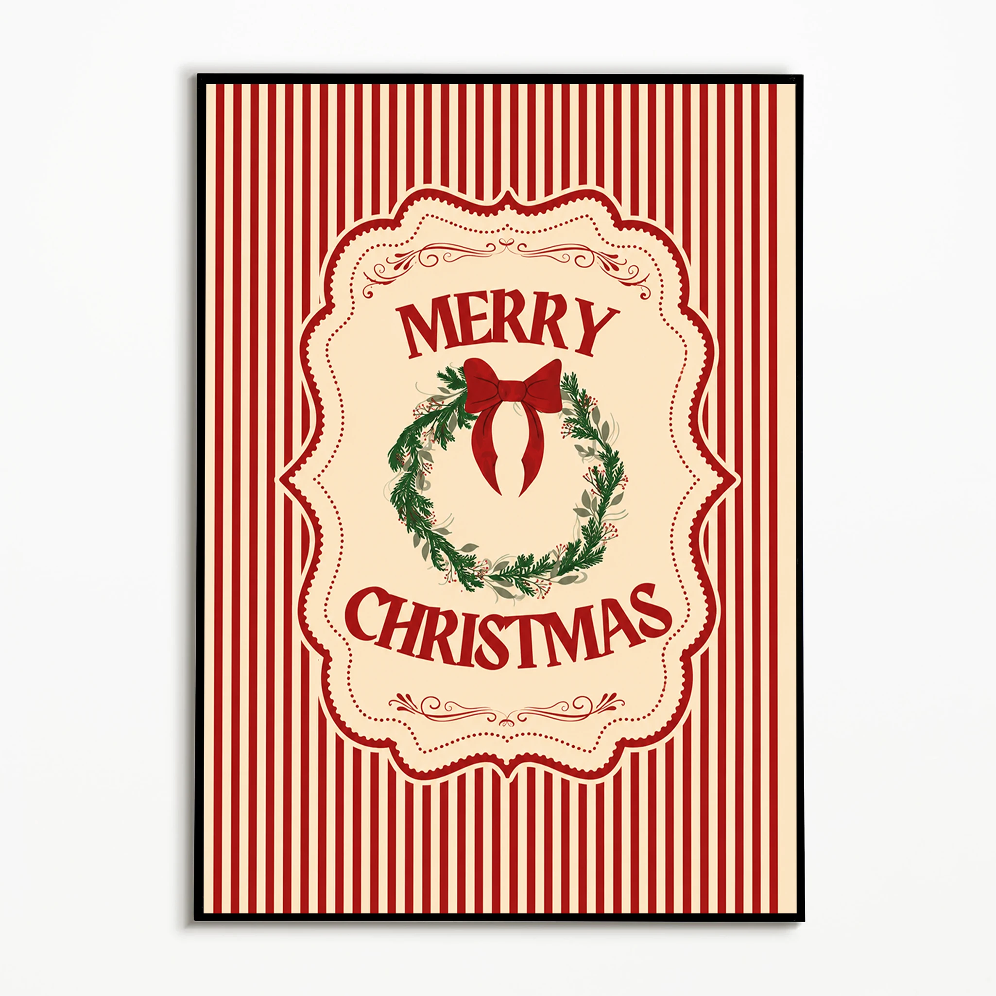 1PC Red Bow Christmas Wreath Poster Winter Retro‑Cute Wall Art  Vintage Canvas Printing Festival Gift Room Wall Decoration