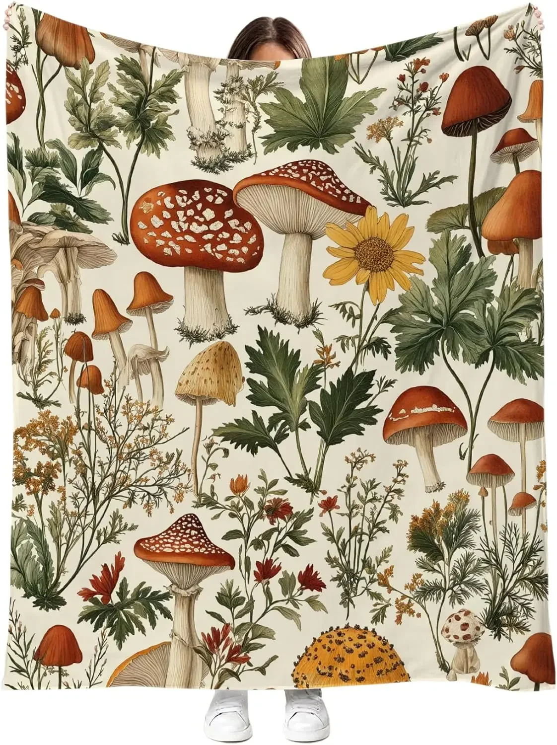 Botanical Mushroom and Wildflower Print Blanket with Vintage Illustration Style Soft Cozy Throw for Sofa Bed Nature Decor