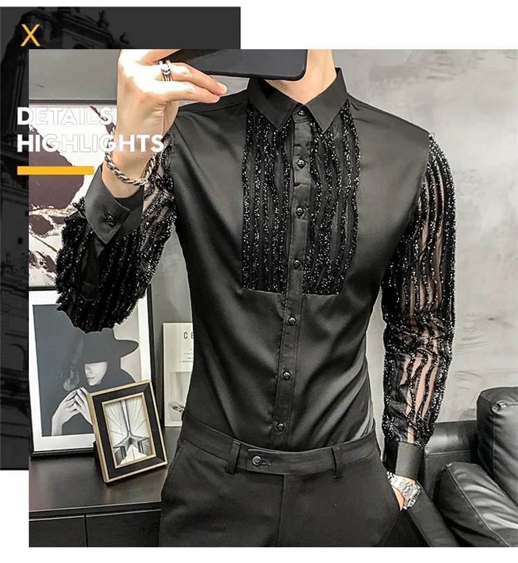 Lace Hollow Shirts for Men Long Sleeve Slim Fit Streetwear Social Party Blouse Nightclub Singer Dj Clothing Camisas Para Hombre