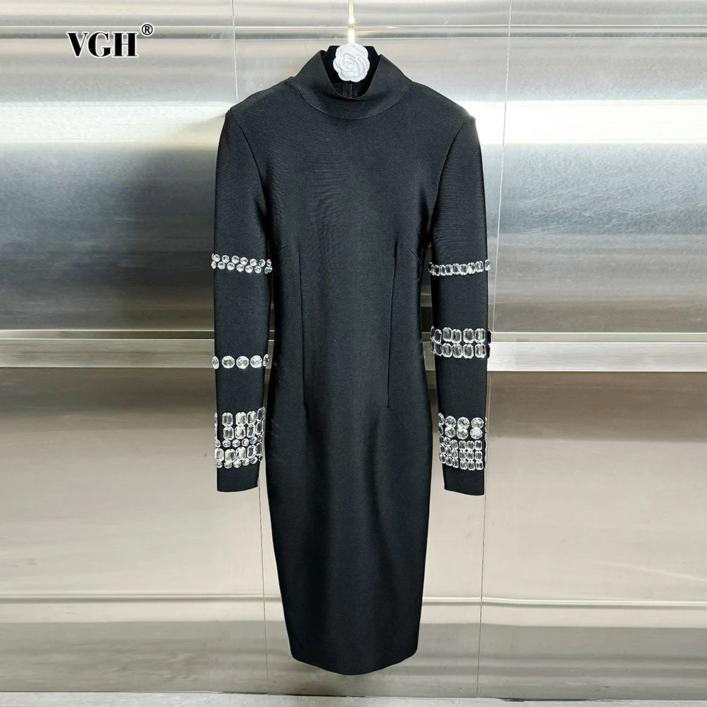 

VGH Sexy Spliced Diamonds Solid Dresses For Women Turtleneck Long Sleeve High Waist Temperament Slimming Dress Female Fashion