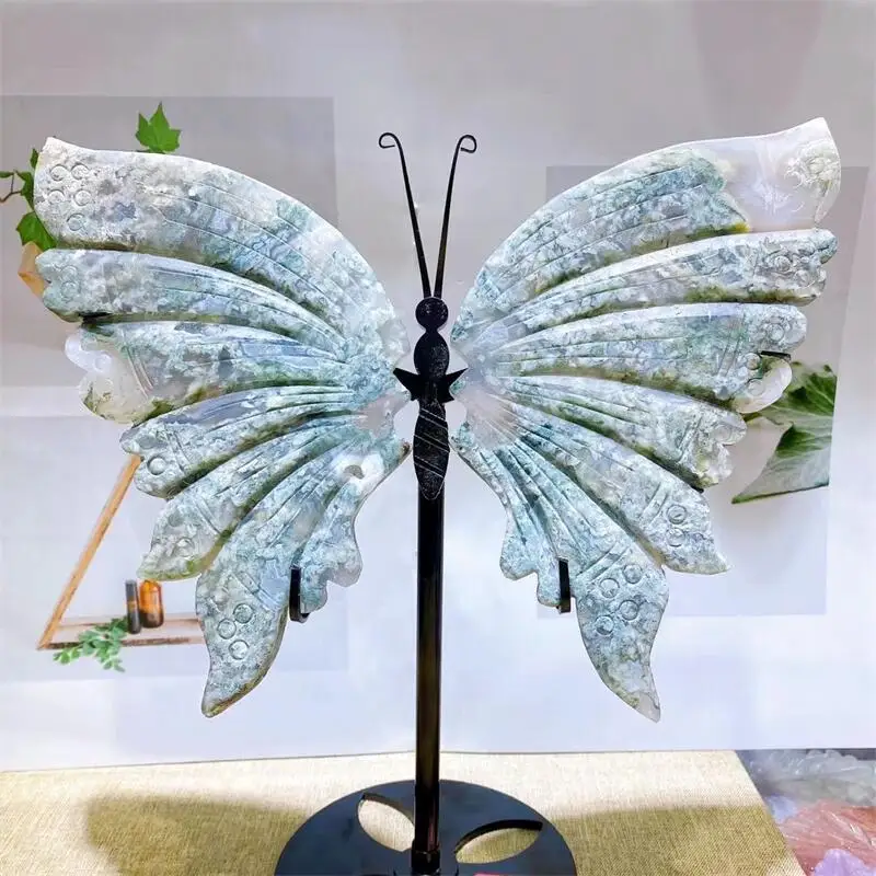 Natural Moss Agate Butterfly Wings Crystal Carving Crafts Healing Energy Stone Fengshui Birthday Gift Home Decoration 1pair