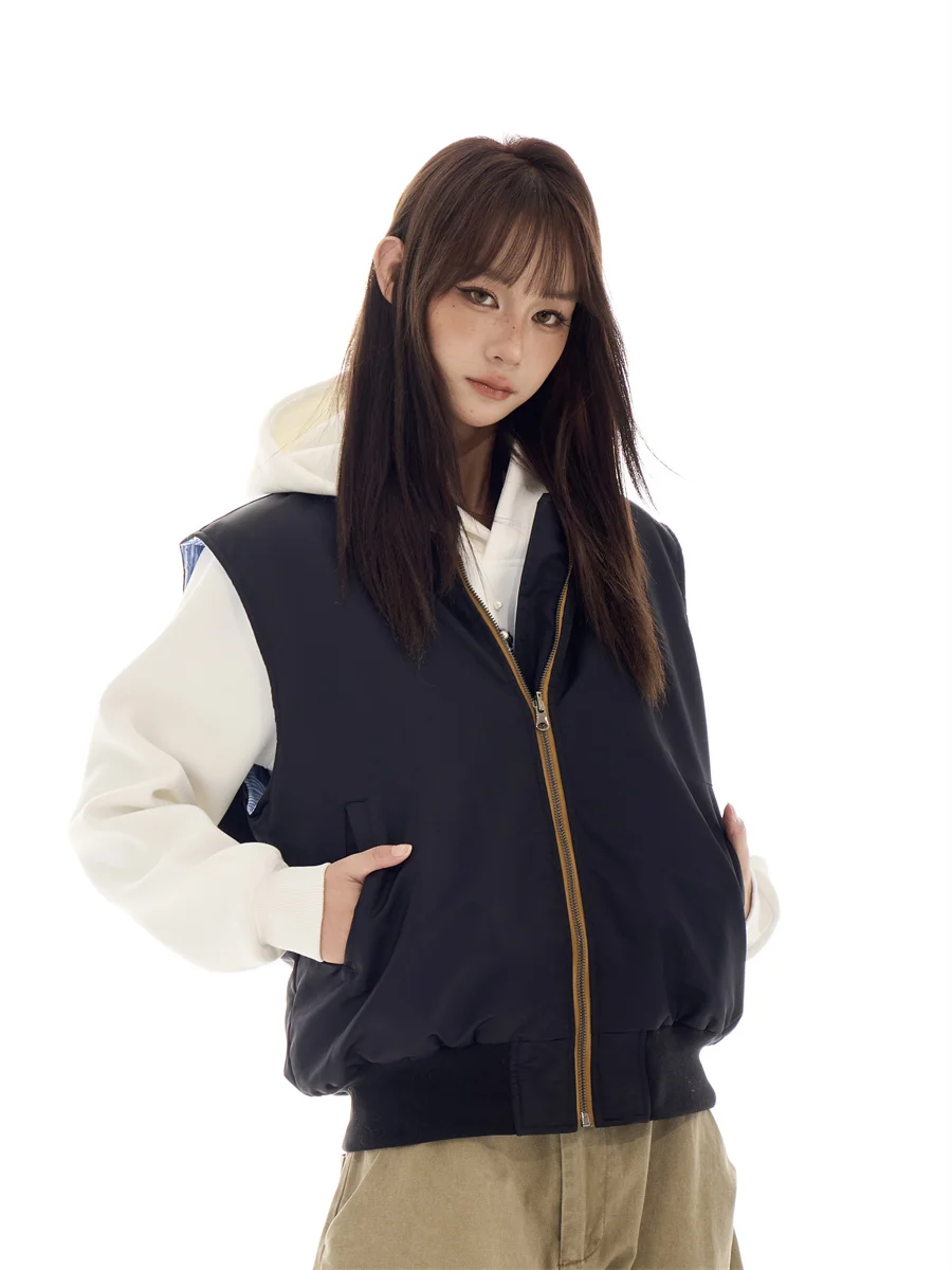 

American Retro Double-Sided Wear Zipper Vest Women's ort Versatile Youthful Cotton Jaet Outerwear Faionable All-Match