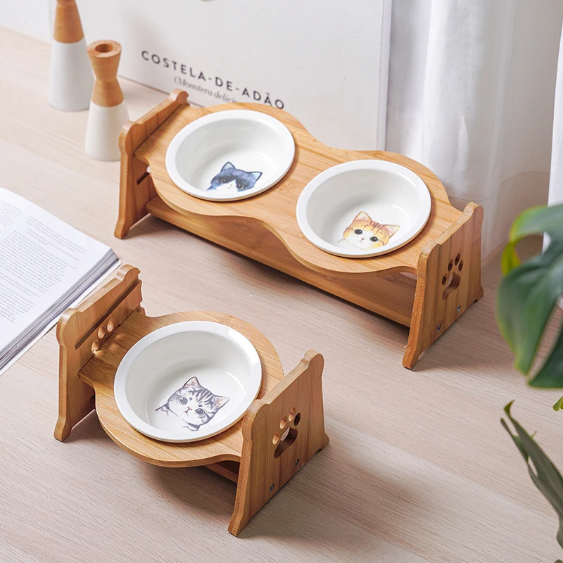 

Ceramic Height Adjustable Single Double Cat Bowl Puppy Dog Food Water Snack Bowl Feeder Drinker For Cat Pet Supplies Accessories