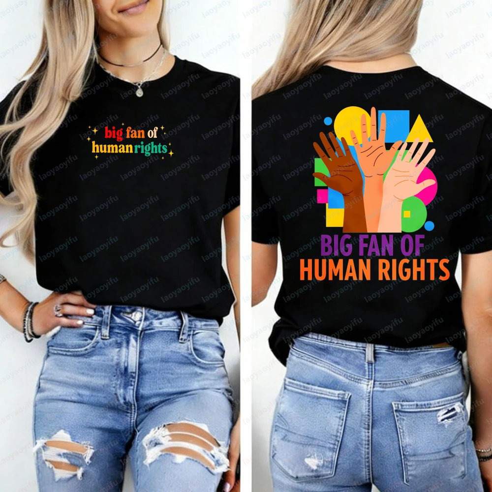 

"Big Fan of Human Rights" Graphic T-Shirt Multicultural Hands Print on Back Crew Neck Short Sleeve Tee for Men & Women Y2k Tops