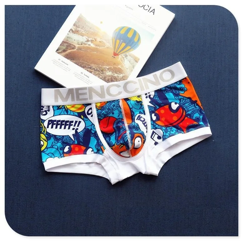 Men\'s Fashion Trunks Youth Cute Cartoon Printed Bulge Pouch Boxer Shorts Skin Friendly Cotton Breathable Man Low Waisted Panties