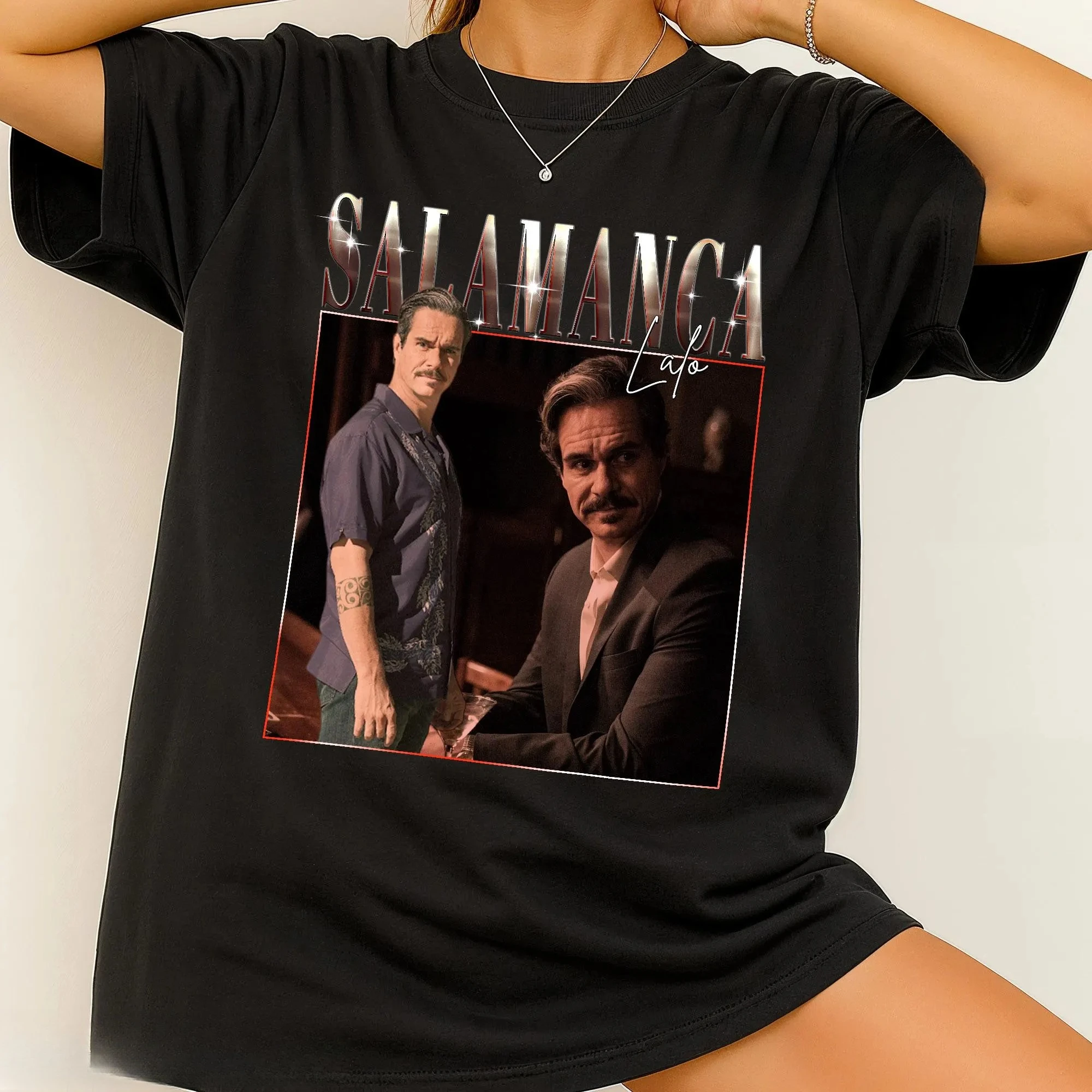 Camiseta estampada Lalo Salamanca para mujer, tendencia de moda Primavera/Verano, Top de algodón puro, camiseta de manga corta con cuello redondo neutro