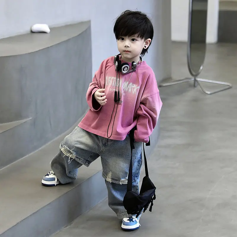 2pcs Set Children's Clothing 2024 Boy Spring Autumn New Korean Version Pink Gradient Base Shirt Fashion Personalized Denim Pants