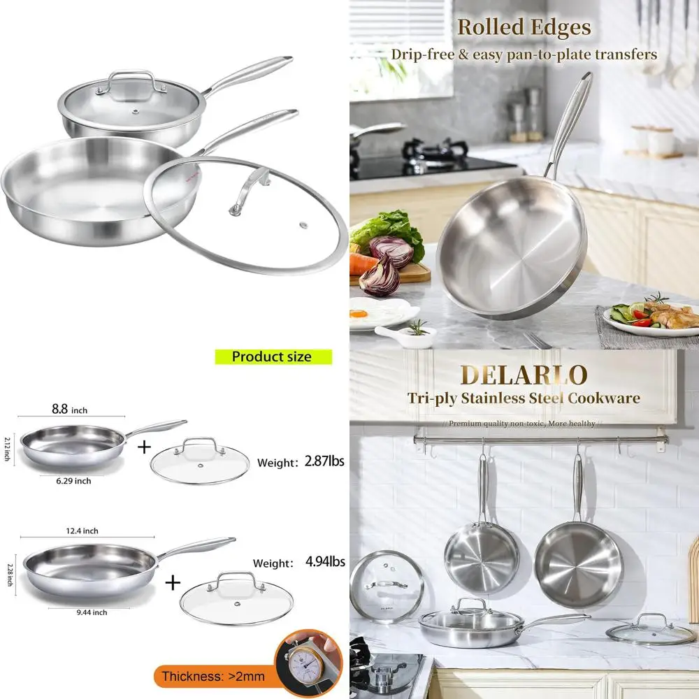 

8 & 12 Tri-Ply Stainless Steel Frying Pan Set with Lid, Induction Compatible Chef's Cookware for All Stoves