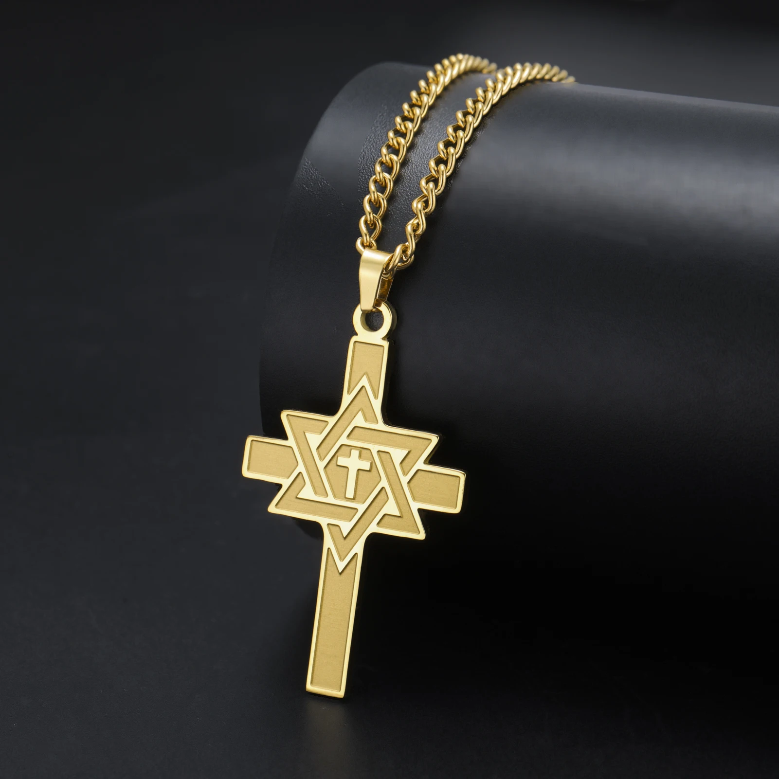 1PC Hexagram Double Cross Necklace Stainless Steel Jewelry Faith Guardian Peace Christian Believers Exclusive Religious