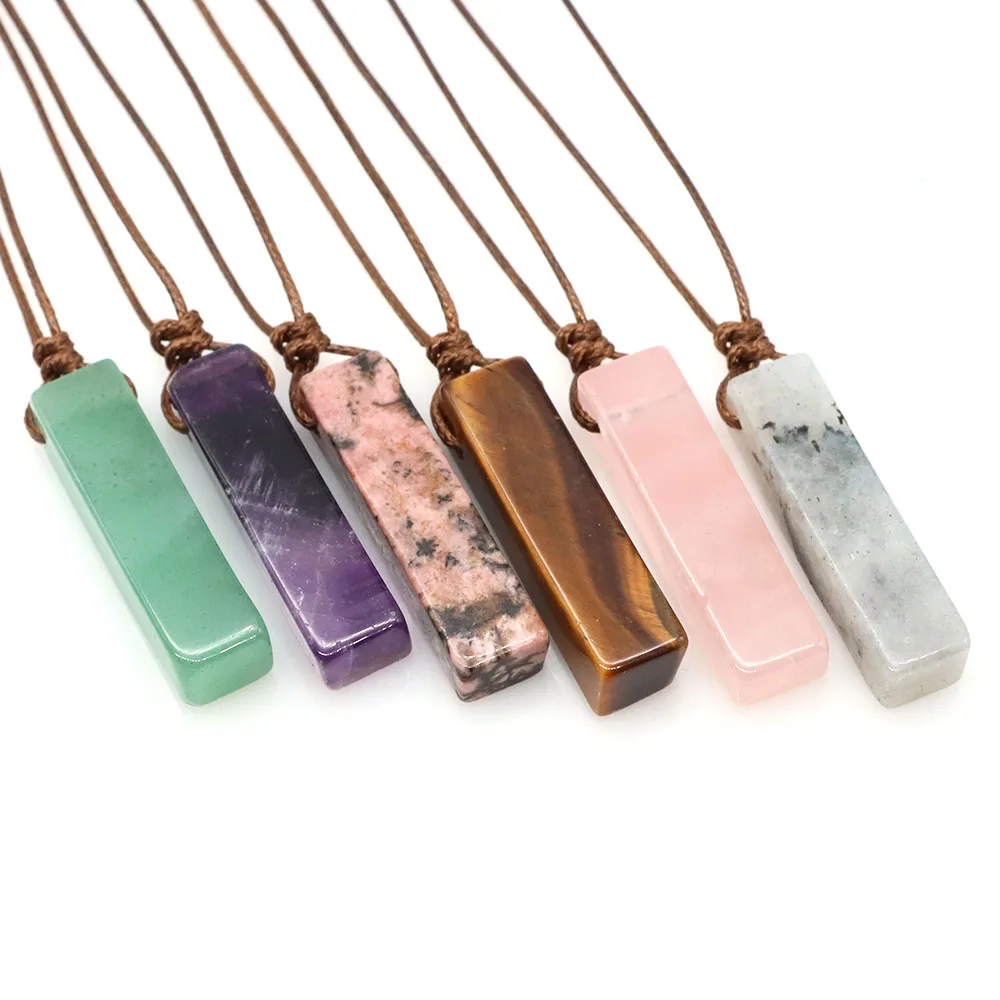 40x10mm Rectangle Pendant Natural Crystal Healing Stone Energy Gem Reiki Chakra Amethyst Necklace Charming Jewelry for Women Men